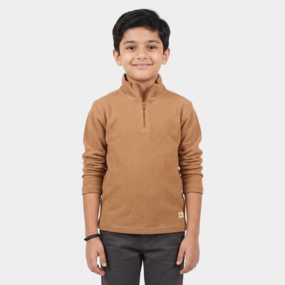 Boys Beige Cotton Blend Mock Neck Regular T-Shirt