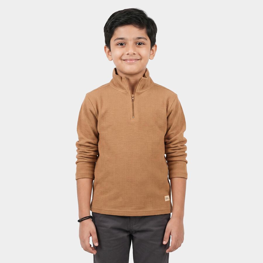 Boys Beige Cotton Blend Mock Neck Regular T-Shirt, Beige, large