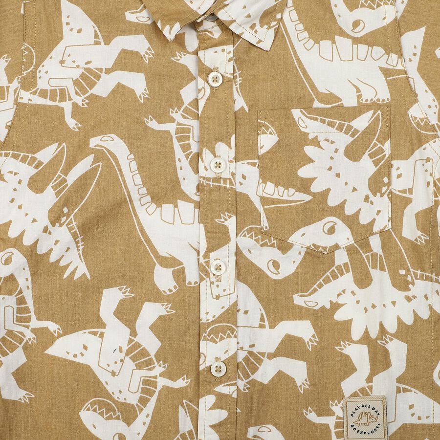 Boys Beige Cotton Printed Regular Fit Shirt, Beige, large