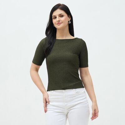 Women's Olive Round Neck Casual Top