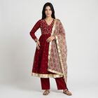 Women's Maroon V-Neck Embroidered Ethnic Set, Maroon, small