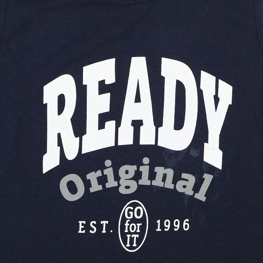 Boys Navy Blue Cotton Blend Round Neck Regular T-Shirt, नेवी ब्लू, large