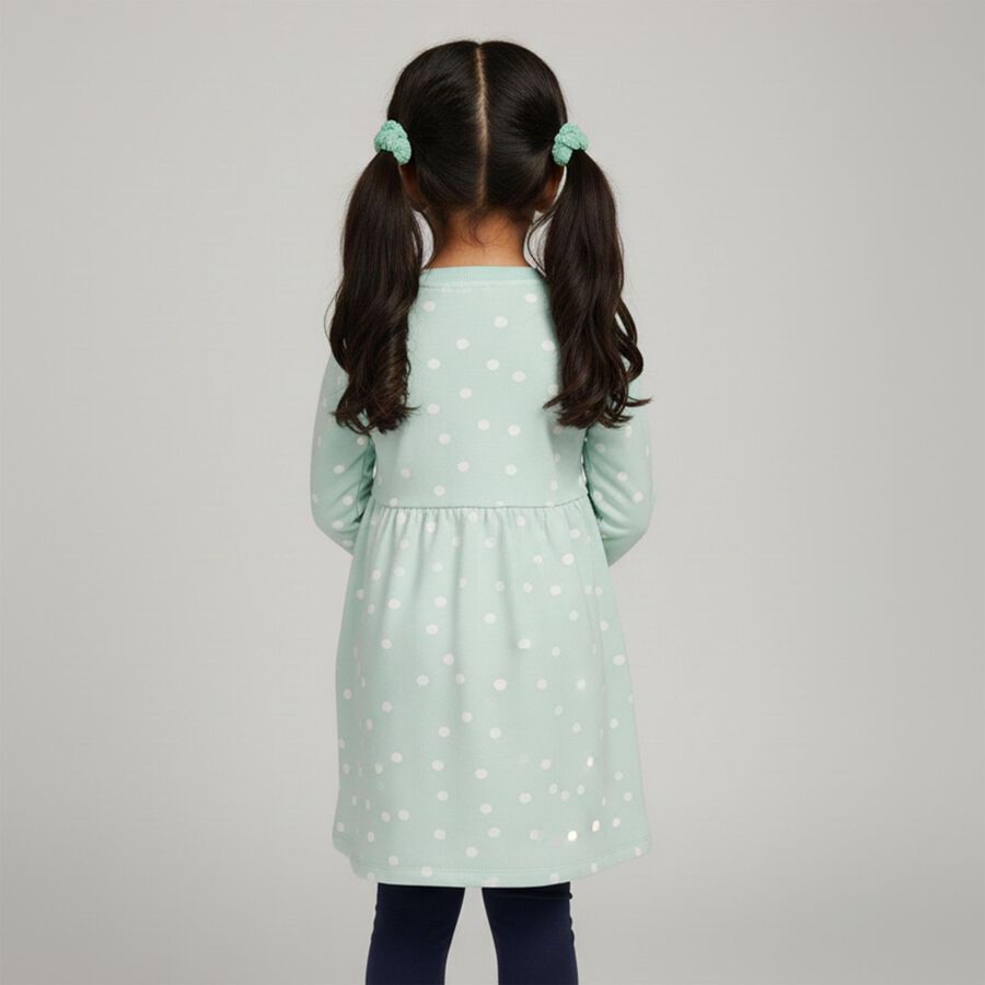 Girls' Mint Green Polka Dot Long Sleeve Frock, हल्का हरा, large image number null