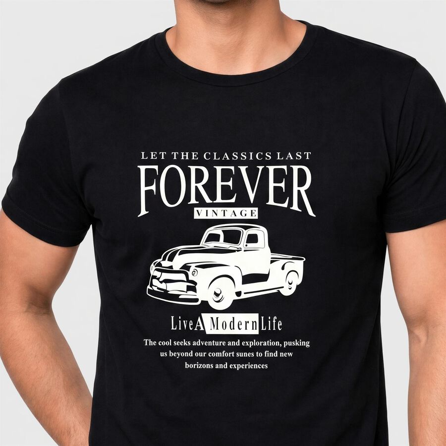 Men's Black Round Neck Regular Graphic Print T-Shirt, Black, large