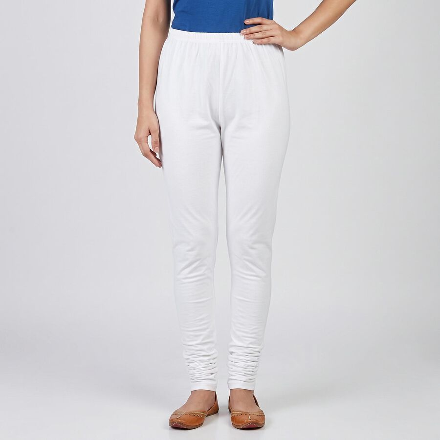 Women's White Cotton Blend Elastic Waist Stretch Churidar, सफ़ेद, large