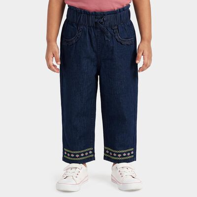Girls' Navy Blue Straight Fit Embroidered Jeans