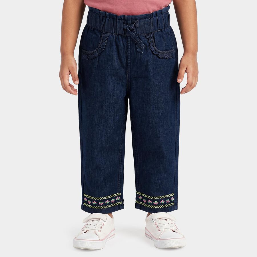 Girls' Navy Blue Straight Fit Embroidered Jeans, गहरा नीला, large