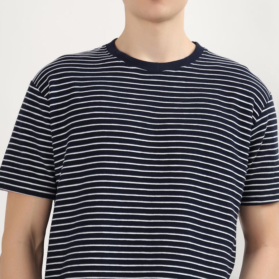Men's Navy Blue Round Neck Striped T-Shirt, नेवी ब्लू, large