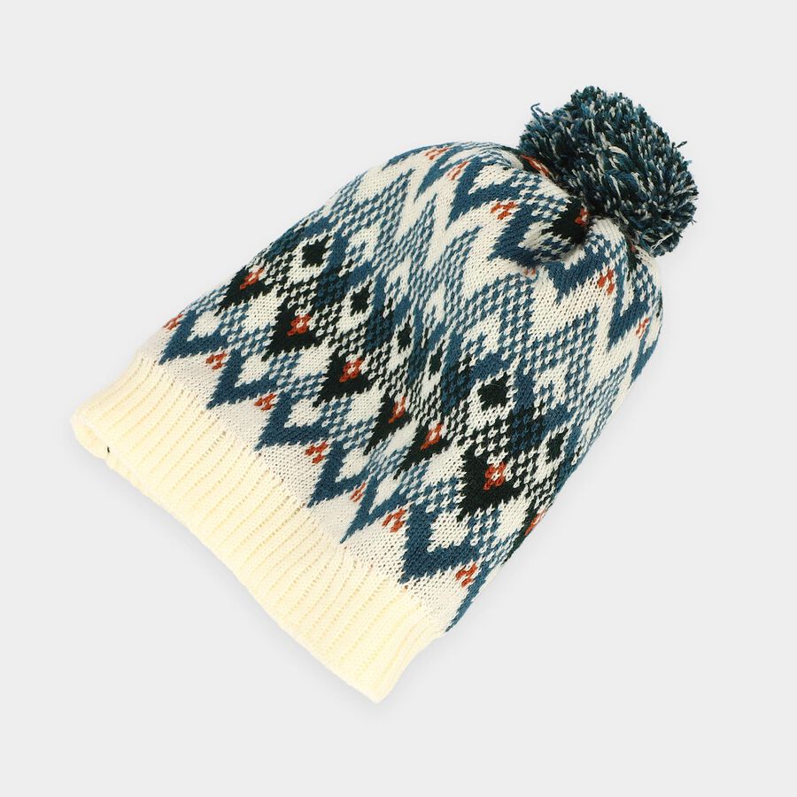 Boys' Cream Geometric Knit Pom-Pom Beanie Cap, Off White, large