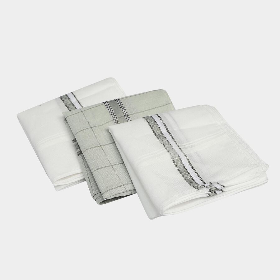 Men's White Checked Pack of 3 Handkerchief, Light Grey, large