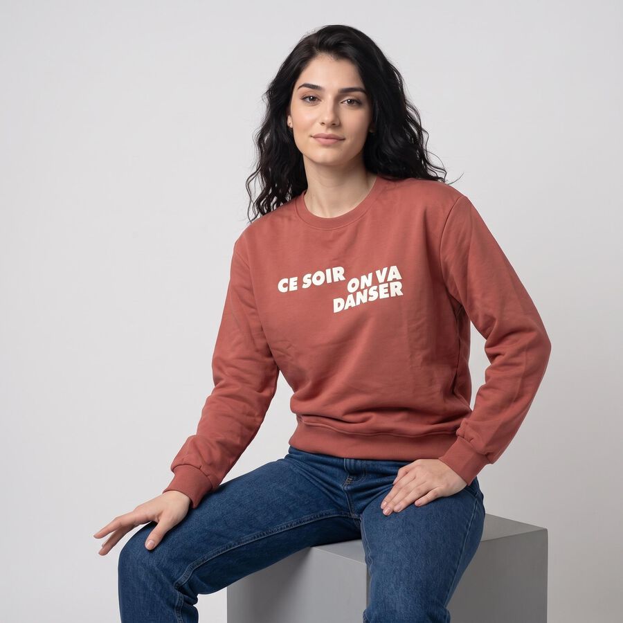 Women Pink Crew Neck Graphic Print Sweatshirt, गुलाबी, large