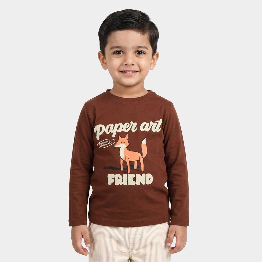 Boys Brown Cotton Blend Crew Neck Regular T-Shirt, Brown, large