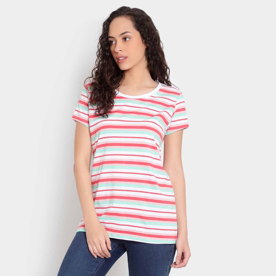 Cotton Stripes Round Neck T-Shirt, Peach, large image number null