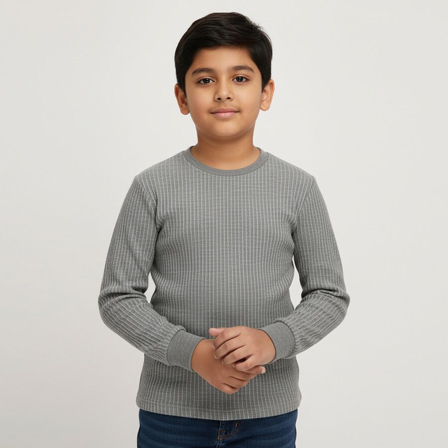 Boys Muted Charcoal Black Round Neck Thermal, मिश्रित मध्यम ग्रे, large image number null