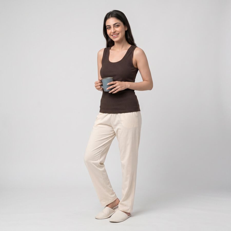 Women's Brown Ribbed Sleeveless Thermal, भूरा, large
