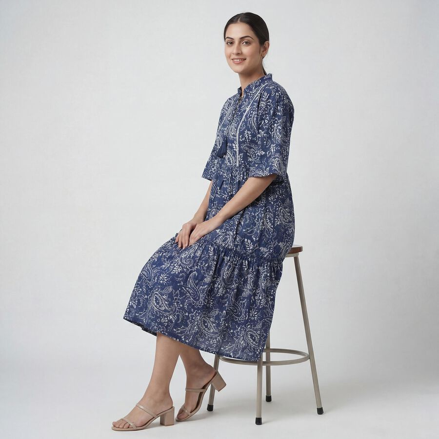 Women's Blue V-Neck Bohemian Dress, Navy Blue, large