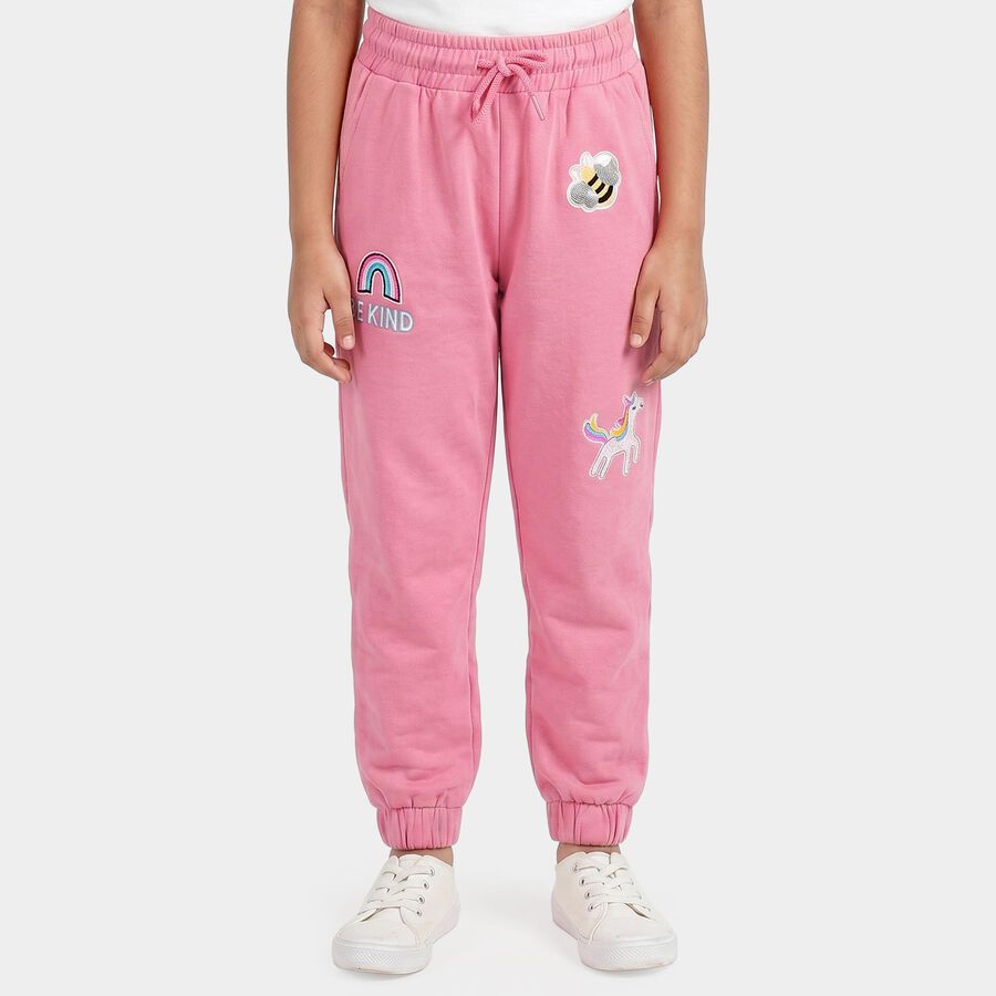 Girls Pink Jogger Fit Graphic Printed Cotton Pyjama, गुलाबी, large
