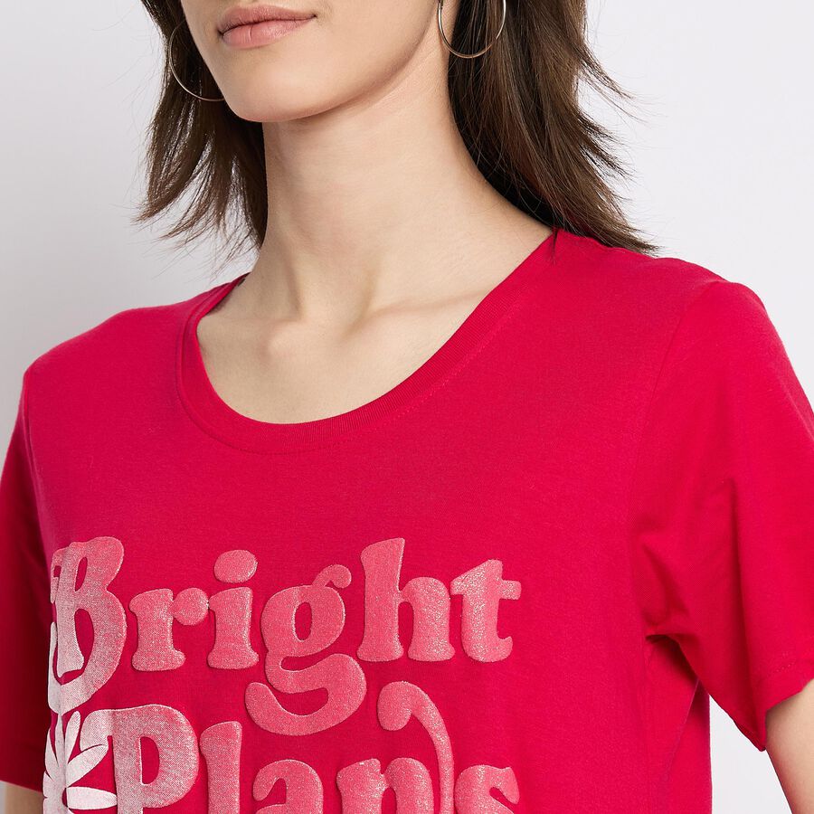 Ladies' 100% Cotton Round Neck T-Shirt , Fuchsia, large image number null