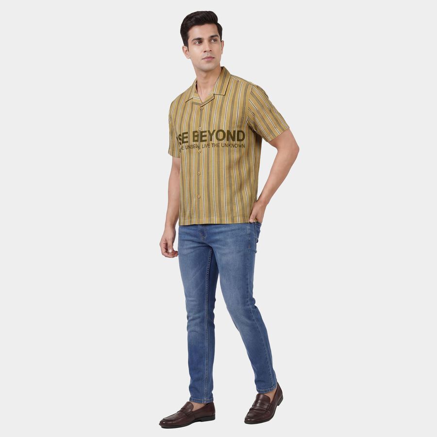 Men's Beige Cotton Spread Collar Casual Shirt, Beige, large