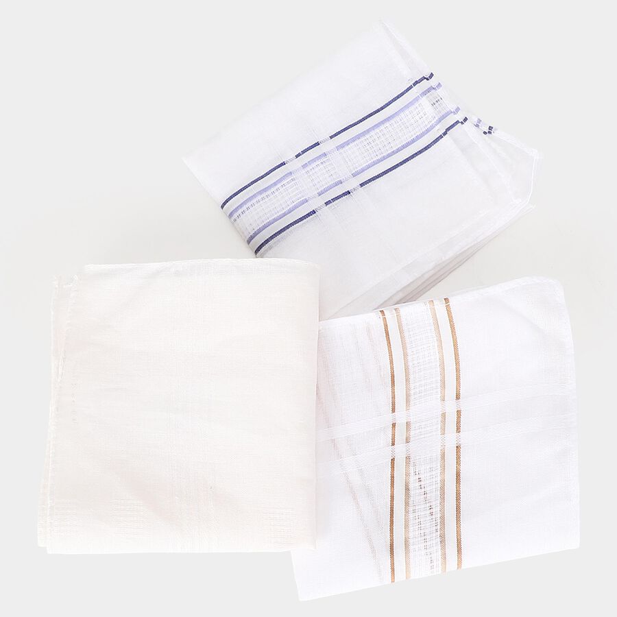 Men's White Striped Pack of 3 Handkerchief, White, large