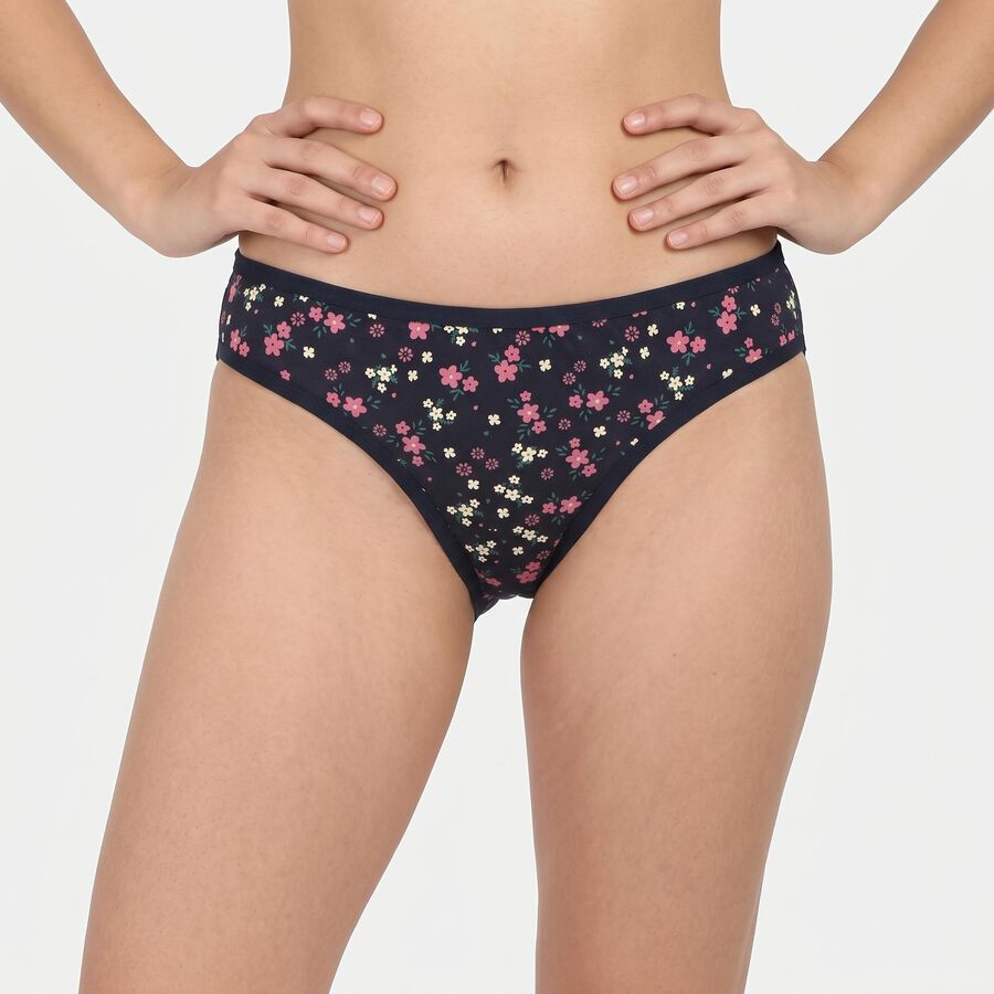 Women's Navy Blue Bikini Fit Floral Print Panty, नेवी ब्लू, large