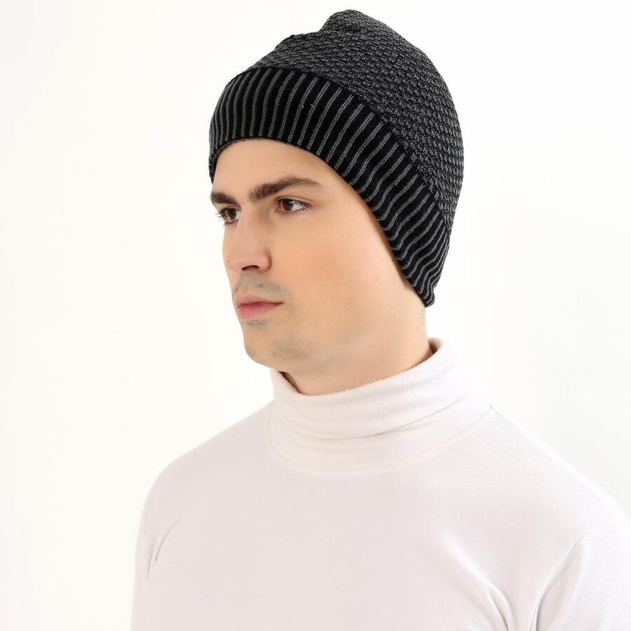 Men's Dark Charcoal Black Textured Knitted Winter Cap, Melange Mid Grey, large image number null