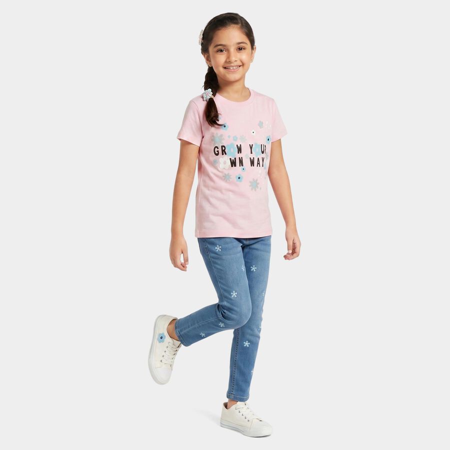 Girls Pink Round Neck Regular T-Shirt, Light Pink, large