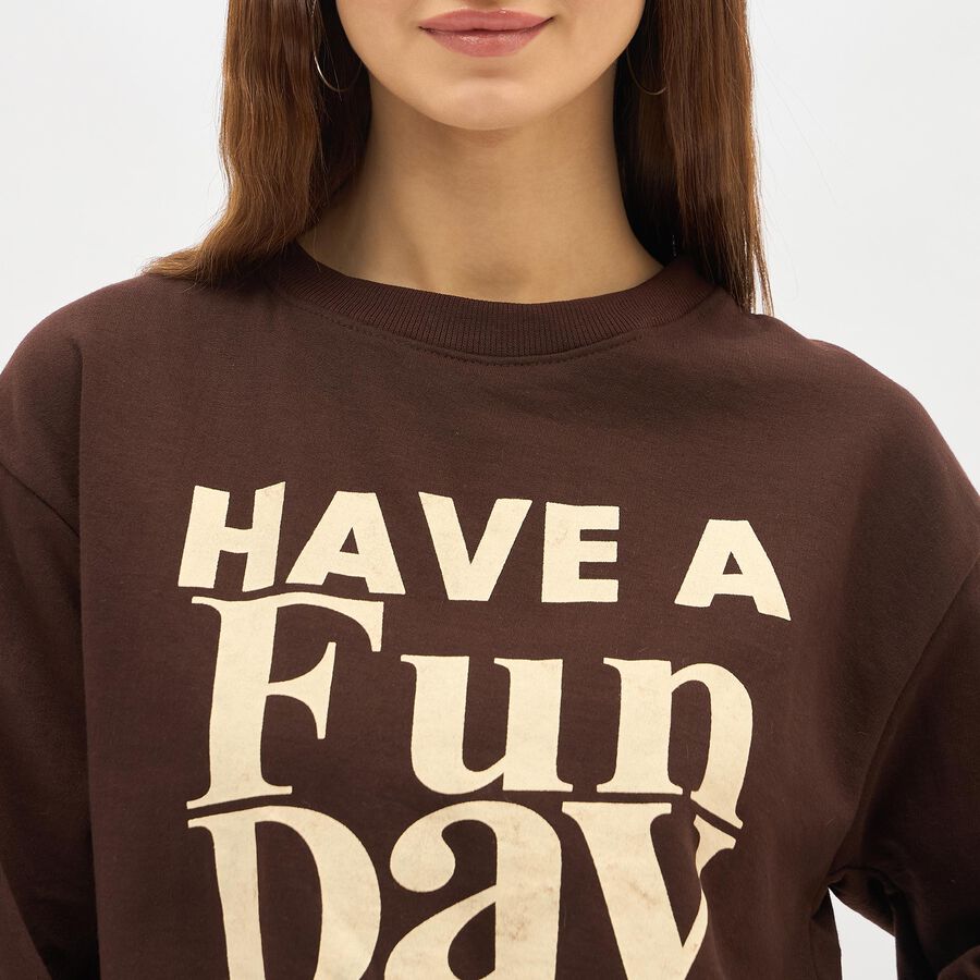Women's Dark Chocolate Brown Crew Neck Graphic Sweatshirt, भूरा, large image number null