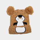 Girls Brown Penguin Applique Beanie Cap, भूरा, small