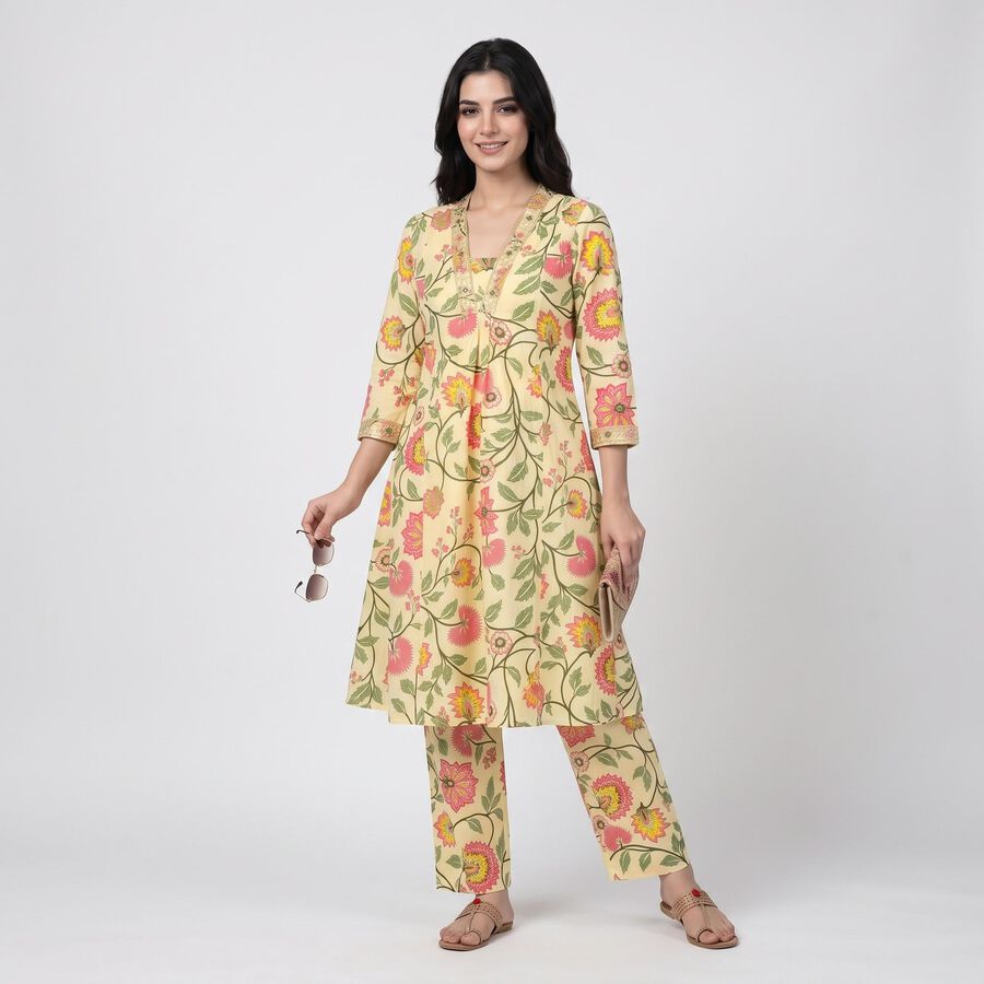 Women's Yellow V-Neck Floral Printed Kurta, Yellow, large