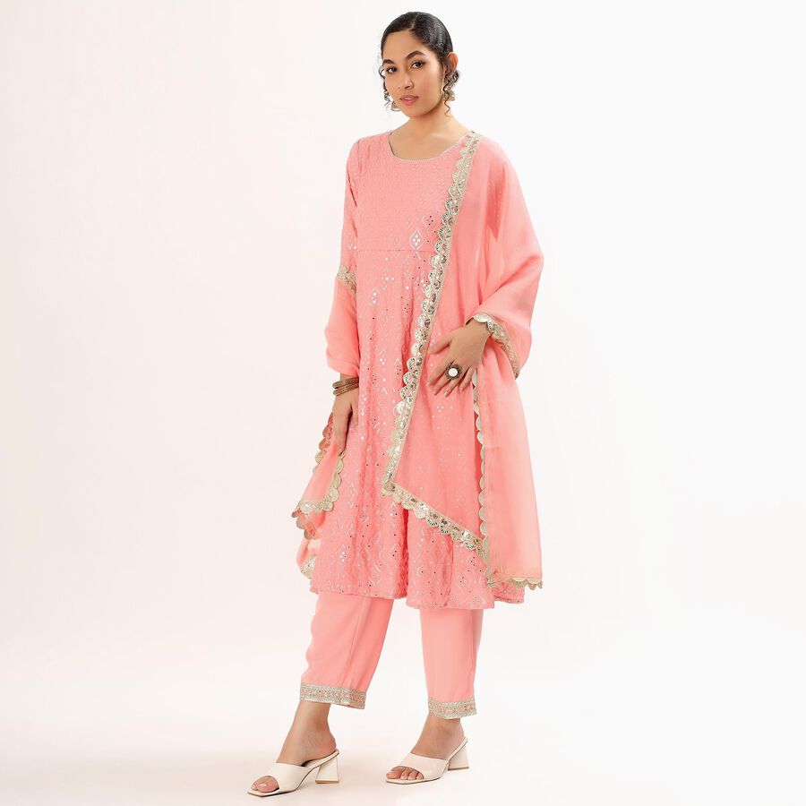 Women's Soft Peach Pink Round Neck Embroidered Anarkali Kurta, Light Pink, large image number null