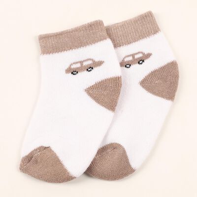 Infants White and Beige Regular Fit Car Design Socks