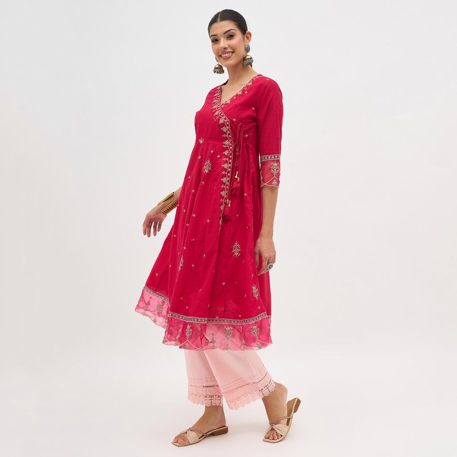 Girls' Bright Fuchsia Embroidered Flared Kurta, रानी (फ्यूशिया), large image number null