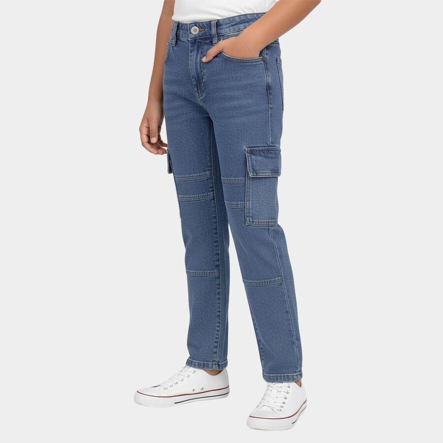 Boys' Medium Blue Relaxed Fit Cargo Jeans, मध्यम नीला, large image number null
