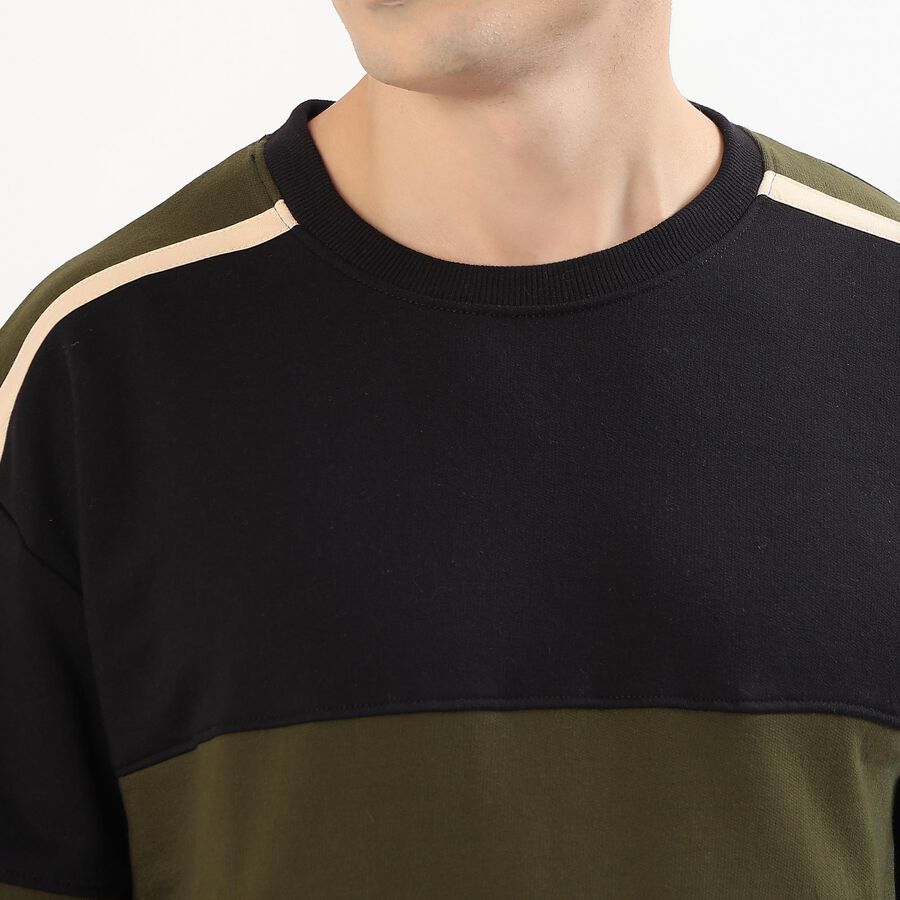 Men's Jet Black and Olive Green Crew Neck Casual Sweatshirt, काला, large image number null