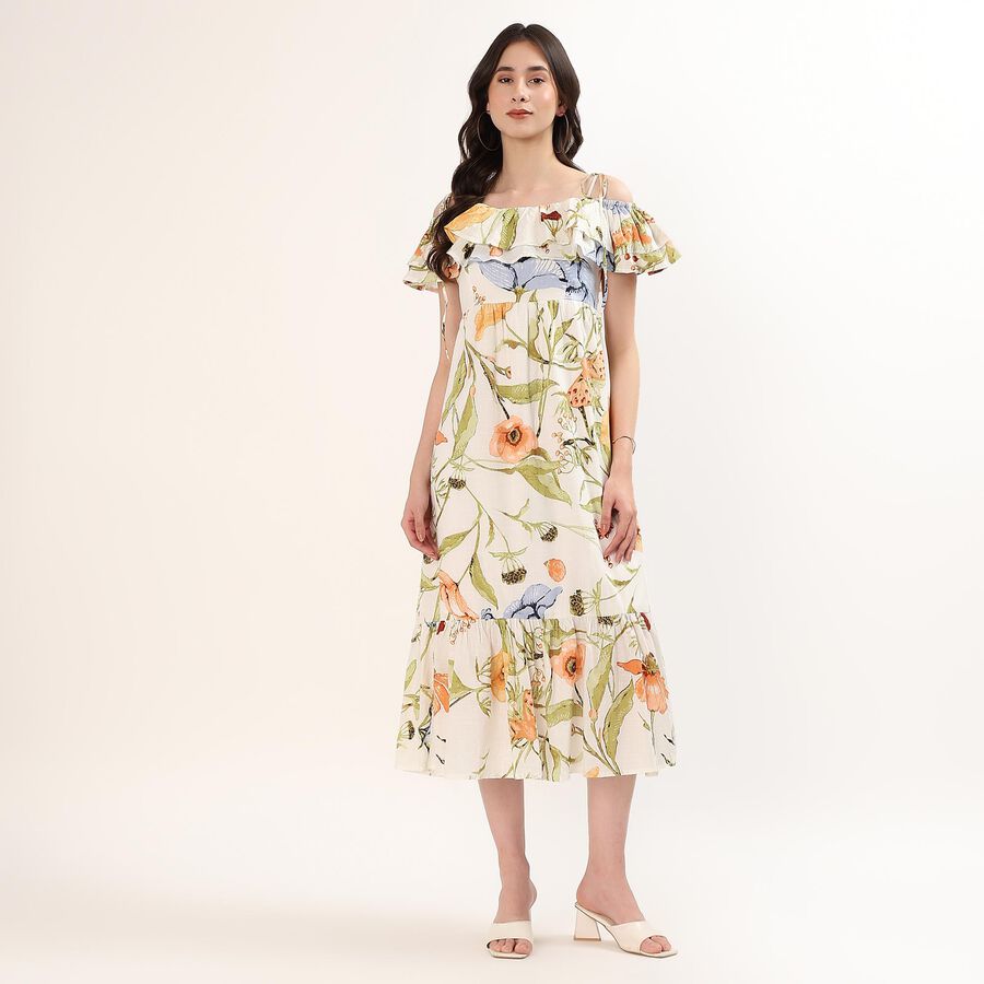 Women's Off White Cotton V-Neck Bohemian Floral Dress, Off White, large