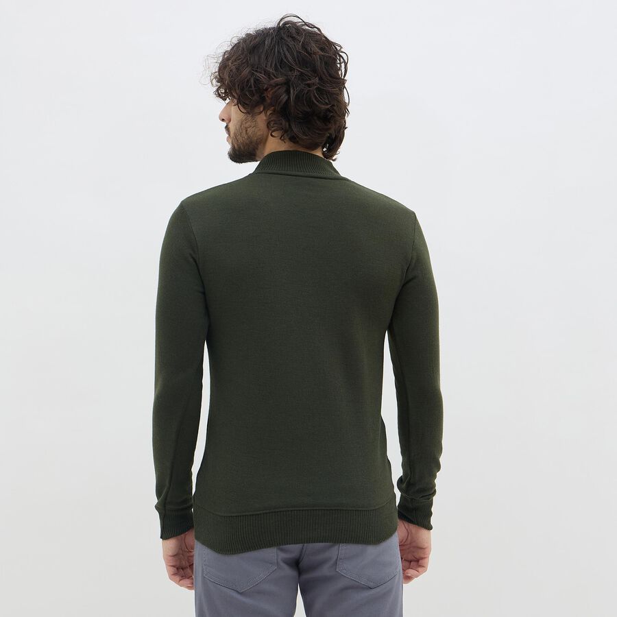 Men's Dark Olive Green Mock Neck Slim Fit Pullover, Dark Green, large image number null