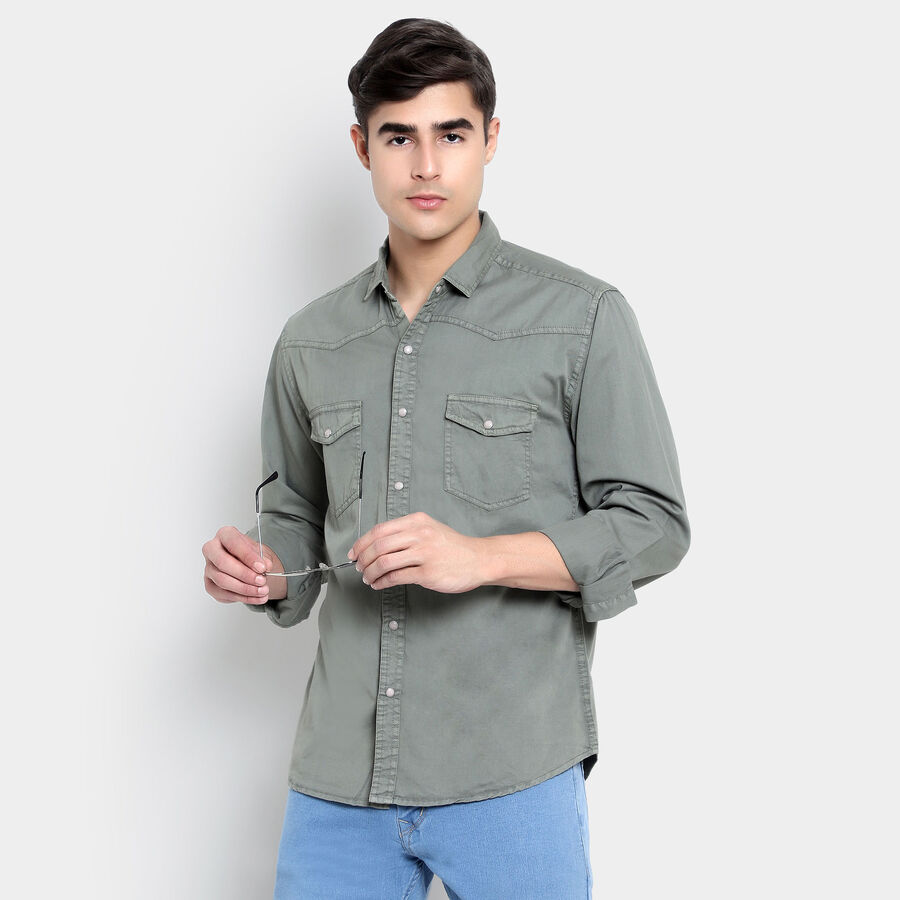 Cotton Solid Casual Shirt, Olive, large image number null