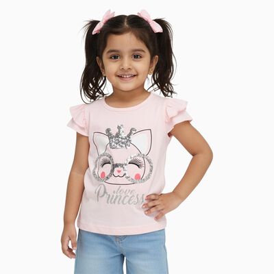Girls Light Pink Cotton Round Neck Casual T-Shirt