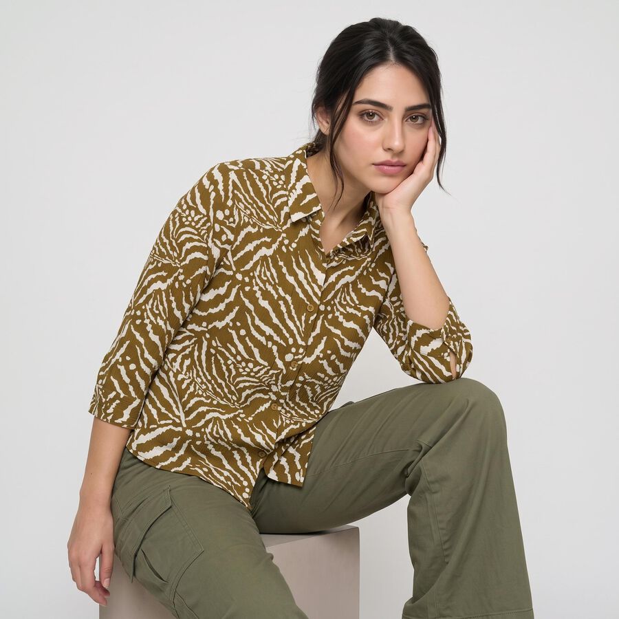 Women's Olive Green Printed Collar Regular Fit Shirt, ओलिव, large