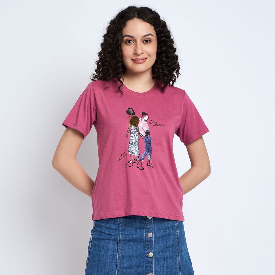 Ladies' Round Neck T-Shirt , गुलाबी, large image number null