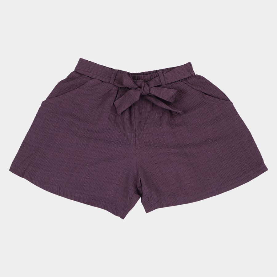 Girls' Purple Tie-Waist Textured Shorts, बैंगनी, large