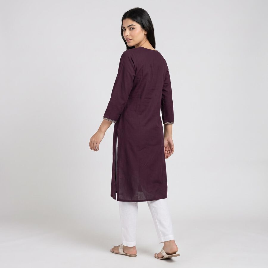 Women's Purple Round Neck Embroidered Kurta, बैंगनी, large