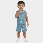 Infants' Teal Cotton Round Neck Graphic Printed Baba Suit, Teal Blue, small