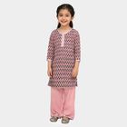 Girls' Light Pink Cotton Round Neck Floral Top and Tiered Skirt Fusion Set, Light Pink, small