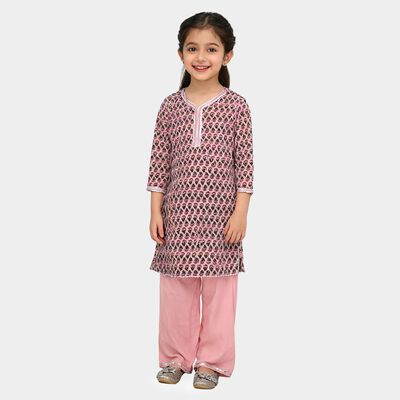 Girls' Light Pink Cotton Round Neck Floral Top and Tiered Skirt Fusion Set