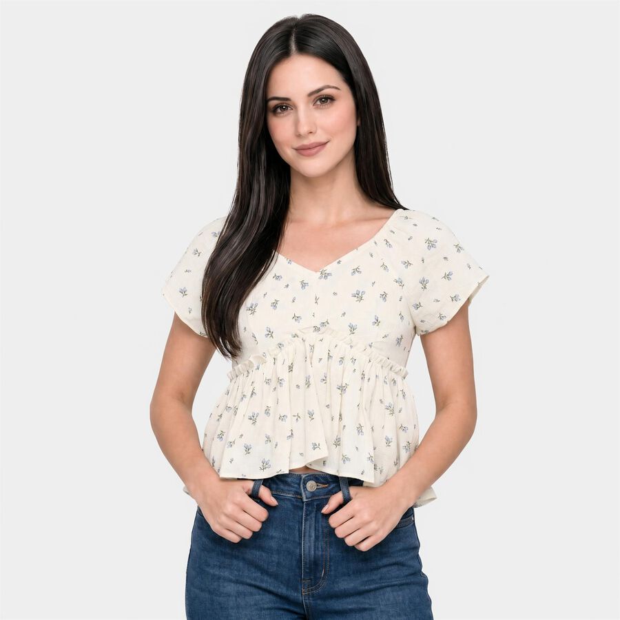 Women's White Floral V Neck Shirt, सफ़ेद, large