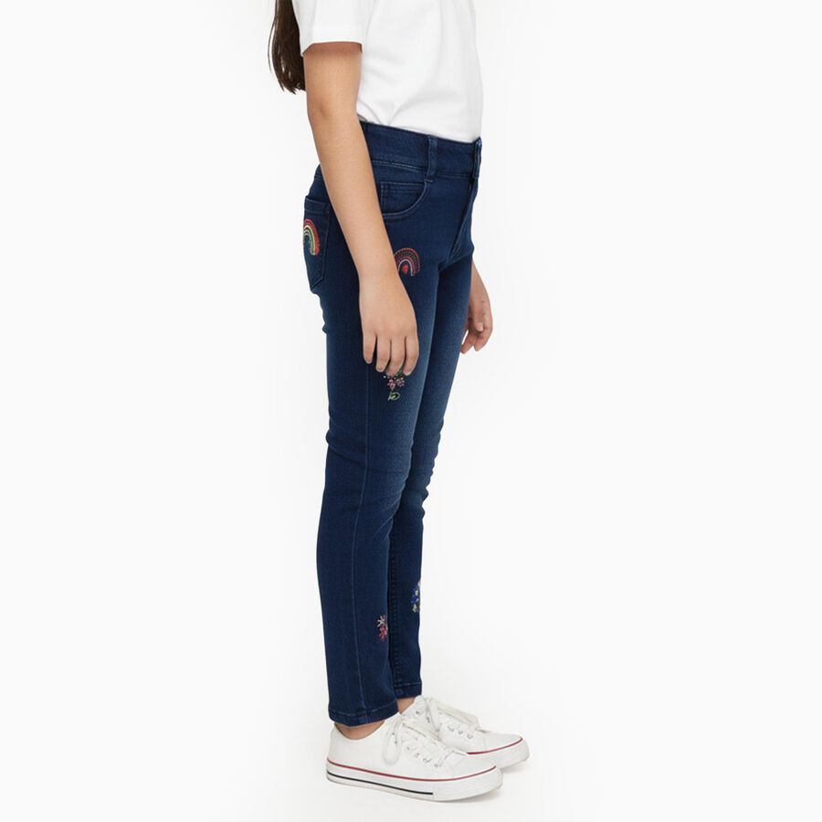 Girls Dark Indigo Slim Fit Embroidered Jeans, मध्यम नीला, large image number null