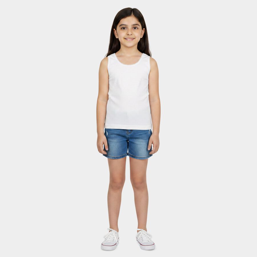 Girls White Cotton Round Neck Sleeveless Vest, सफ़ेद, large