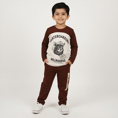 Boys' Dark Chocolate Brown and Cream White Cotton Graphic Printed Baba Suit